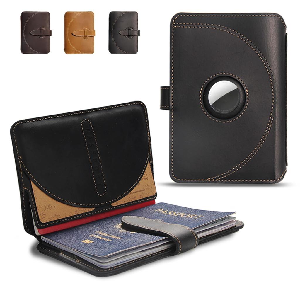 XGUO Crazy Horse Leather Passport Passport Travel Wallet with Airtag Credit Card Ticket Perfect Pitch Black Holder, 1-2 Holders, Slot, & Pockets,