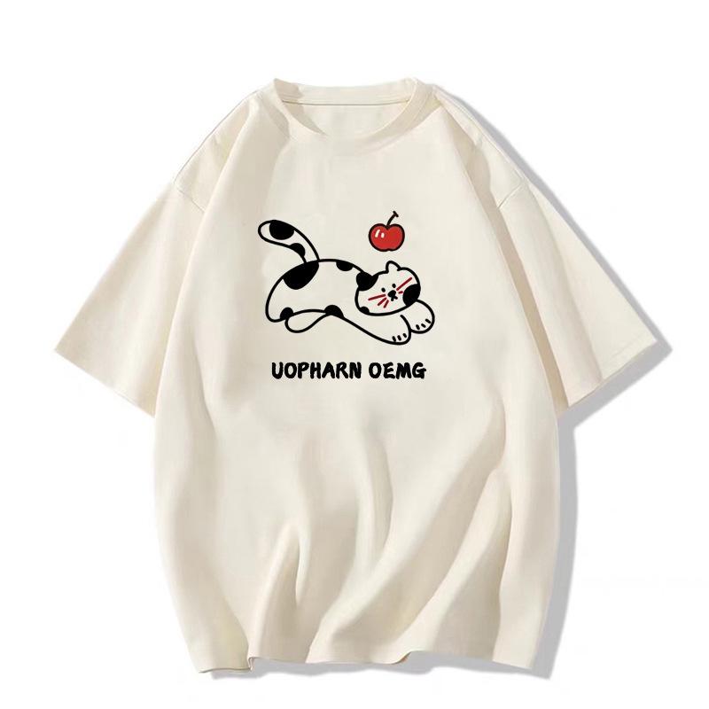 

Женская белая футболка с мультяшным принтом в корейском стиле из чистого хлопка, приталенного свободного кроя, с коротким рукавом - Дизайн 2025 L абрикосовый