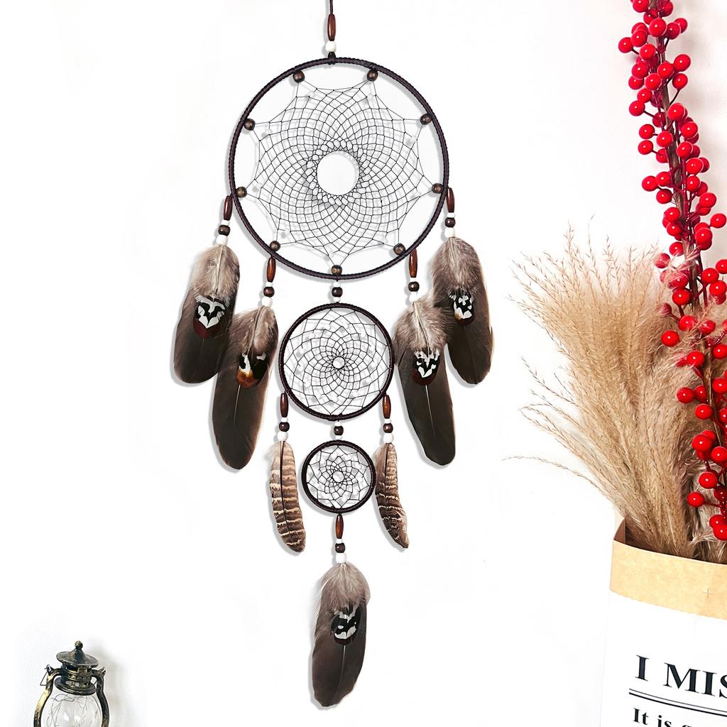 Black Dreamcatcher Hanging Decoration Feather Wind Chime Handmade Handwoven Creative Wall Hanging Triple Rings Pendant