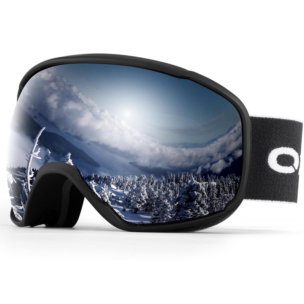 Odoland Snow Spherical OTG Glasses Mirrored UV400 Double Adult Size Silver VLT Goggles, Dual-Layer Lenses, Anti-Fog, Compatible, Lenses, Protection,