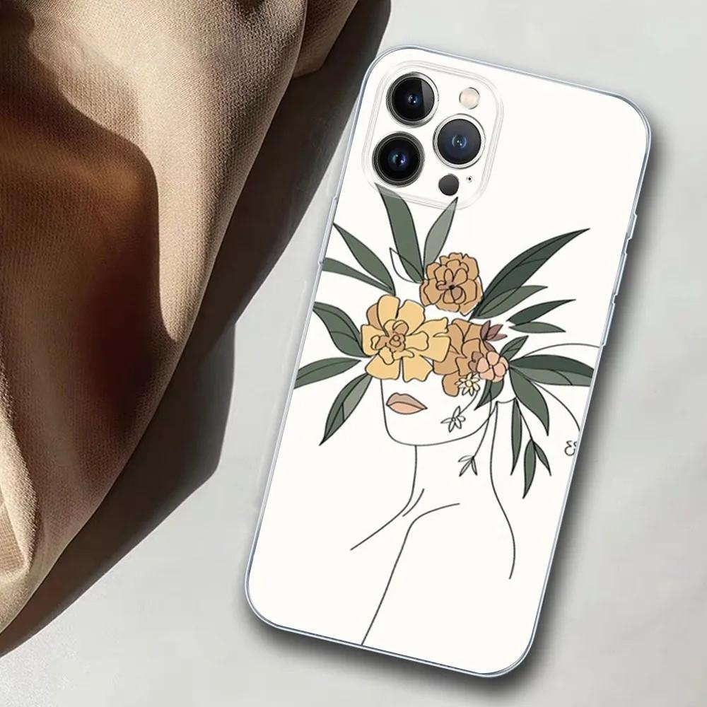 Apple IPhone15ProMax Mobile Phone Case Line Art Girl Mobile Phone Case Hair Painting Anti-drop Huawei Three