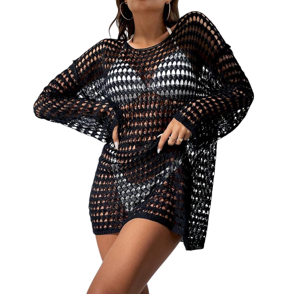 Women's Summer Sexy Knitted Hollow-Out Pullover Round Neck Long Sleeve Bikini Cover-up