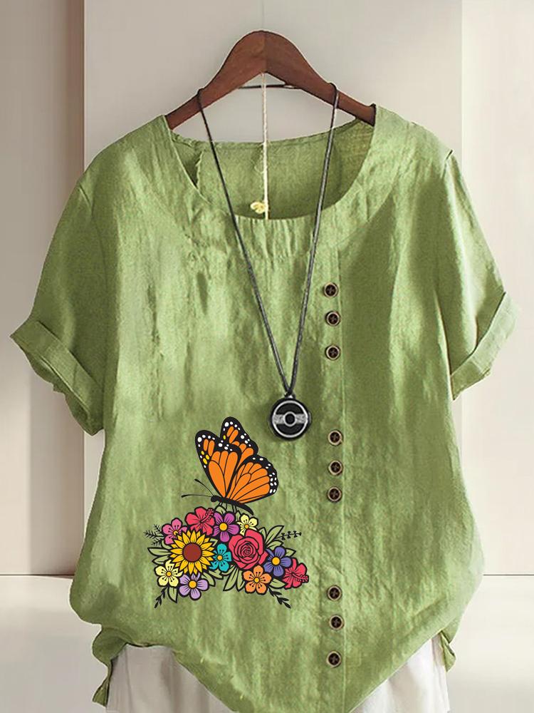 Women's Fashion Butterfly Flowers Print Casual Cotton Linen Short Sleeve Round Neck T-shirt Shirt Leisure Loose Summer Blouse Tops
