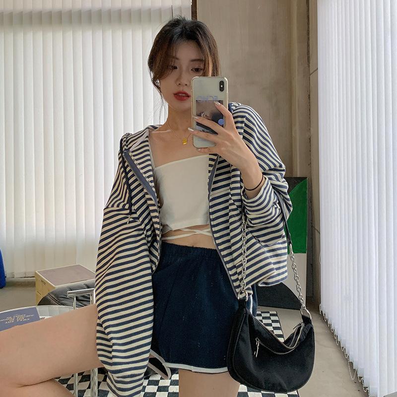 2023 Petite Hooded Ruffle Stripe Zip Cardigan for Spring/Autumn
