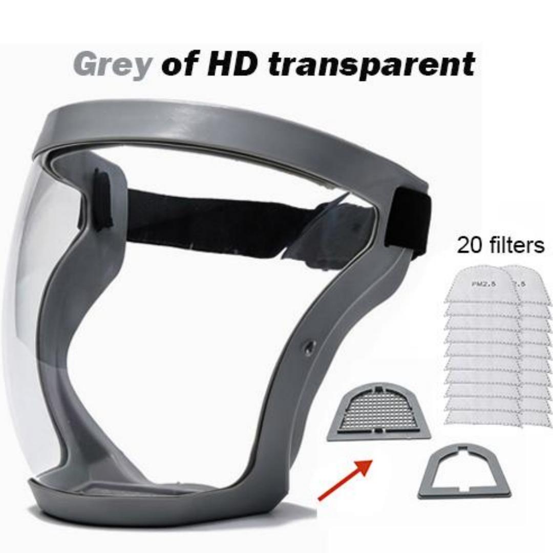 

Прозрачный полный лицевой щиток, многоразовая пылезащитная маска против запотевания, защитные очки HD, кухонная защита, маска против брызг с фильтрами with 20filters серый