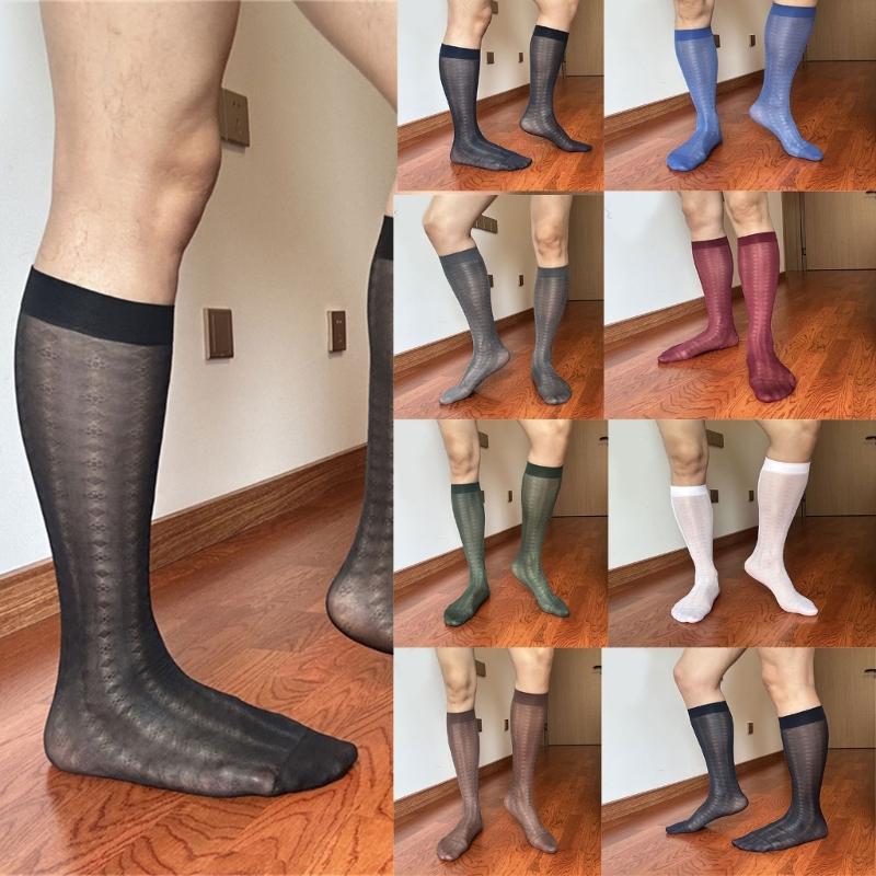 Men Thin Business Dress Socks Stretchy Nylon Sheer Knee Highs Dress Socks Over the Calf Dress Socks Sheer Casual Socks
