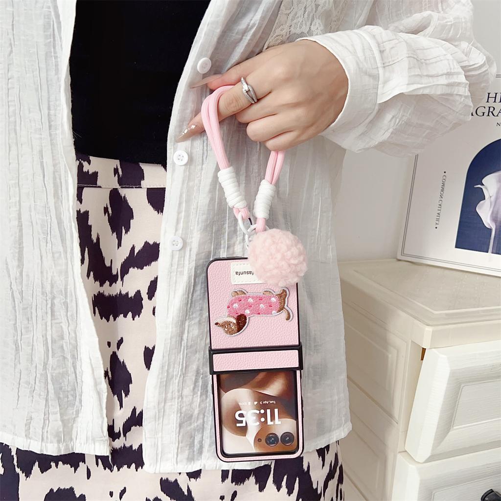 Cartoon Sausage Dog PU Leather Phone Case for Motorola Razr 70+ 60 50 Razr 70 60 50 Ultra Wrist Strap Hinge Protection Cover