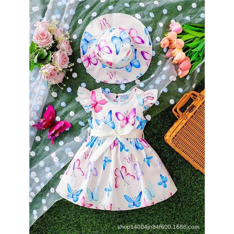 Girls  Fashionable Princess Dress Summer Children s Butterfly Print With Sleeves And Hat 12-18M