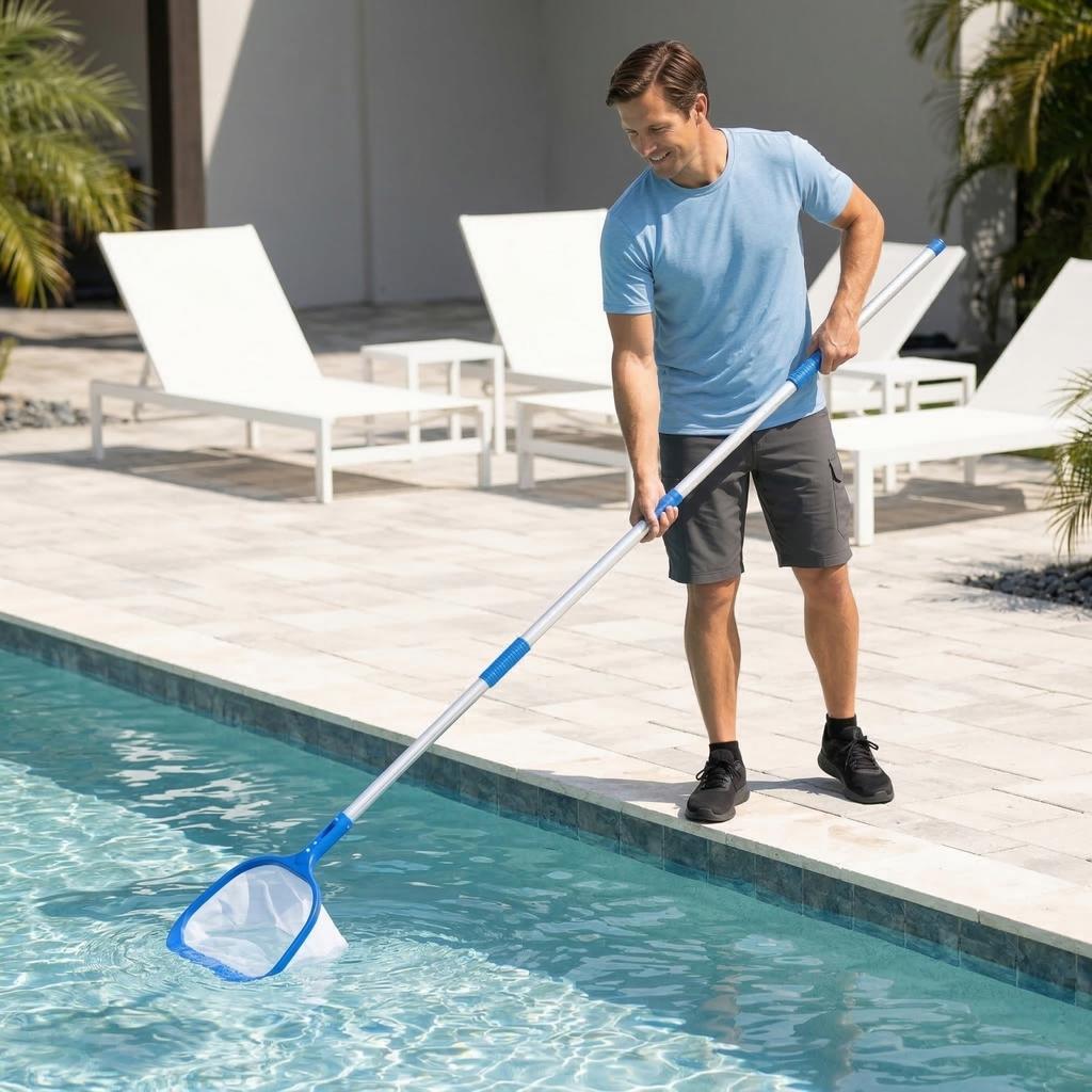 Swimming Pool Leaf Skimmer Net with Telescopic Aluminum Pole Detachable Fine Mesh Net for Outdoor Pool Maintenance Cleaning