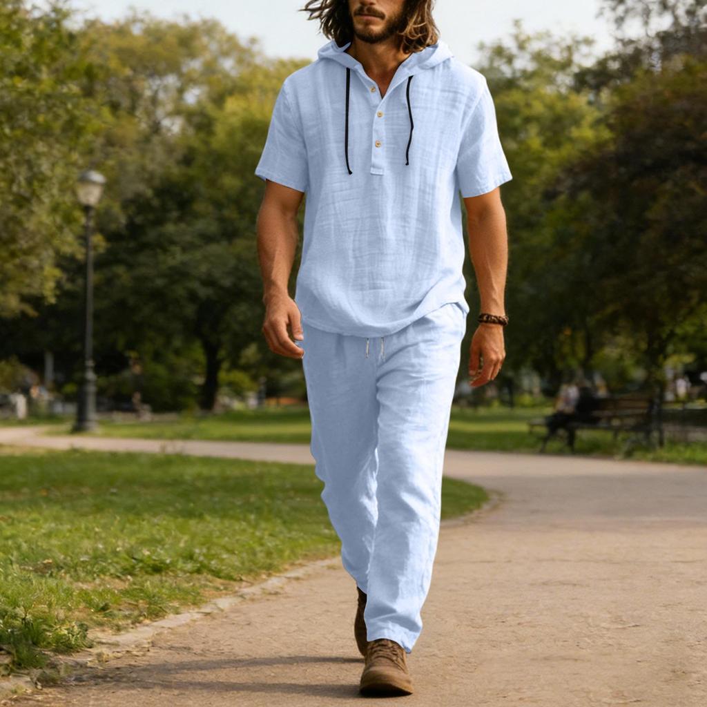 Men's Linen Casual Set - Button  Shirt Elastic Waist Drawstring Loose-Fit Pants Comfortable Two-Piece Set