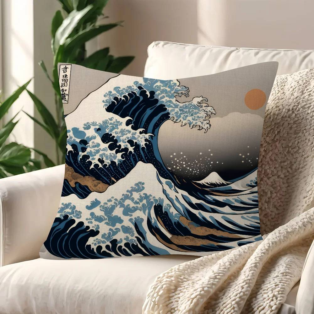 Vintage Hokusai Waves Cushion Cover Inches Farmhouse Decor Home Throw Pillow Covers For Couch Decorations