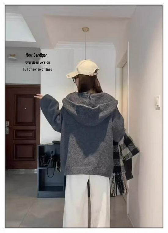 2024 High-End College-Style Hooded Pocket Cardigan: Autumn/Winter Loose Knit Sweater Coat