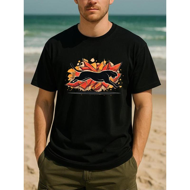 

European sizes Men s Cheetah Print Short Sleeve T-Shirt Breathable Casual Round Neck Tee with Dynamic Running Leopard Design 4XL чорний