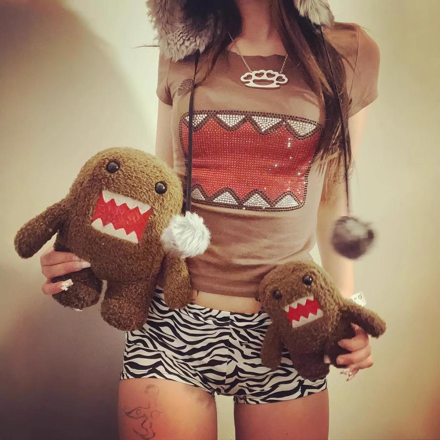 Casual Streetwear Kawaii Domo Kun Rhinestone Cartoon 2000s Quality Round Neck Short Sleeves Simple Daily Routine Fit T Shirt Top