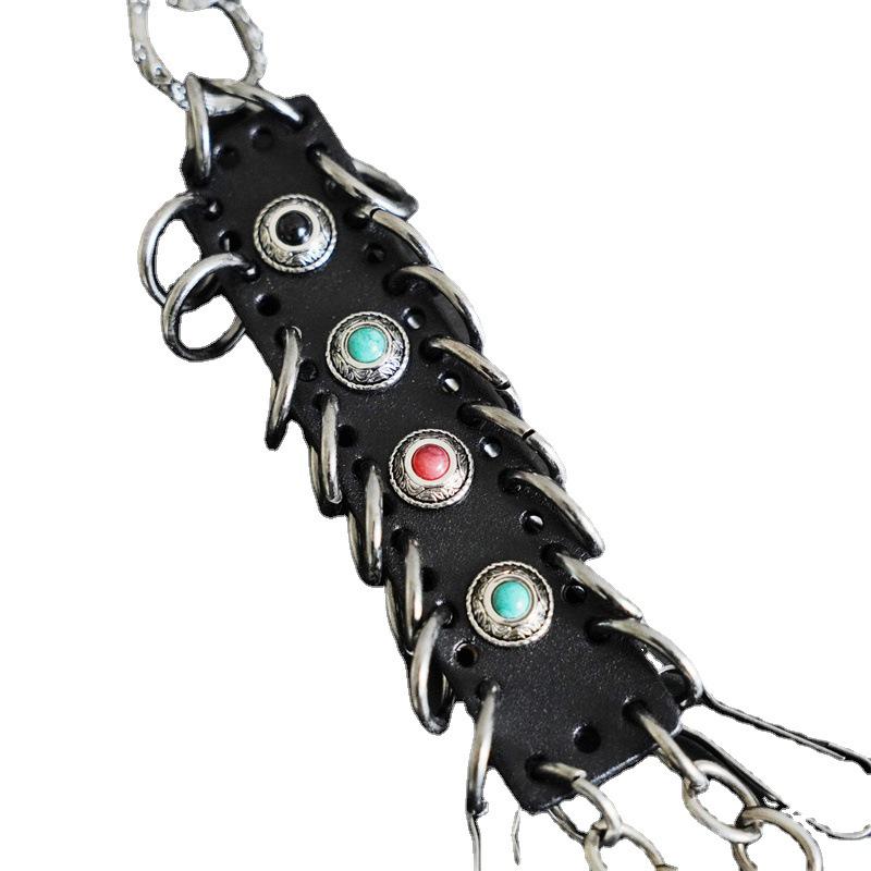 Men's Hip Hop Skull Metal Turquoise Wallet Chain with Decorative Cowhide Accent