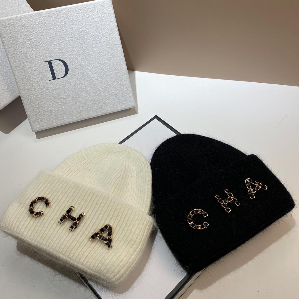 Chain Letter Cha Simple Wool Hat Winter Warm Rabbit Hair Double Fold Knitted Hat Outdoor Ear Protection