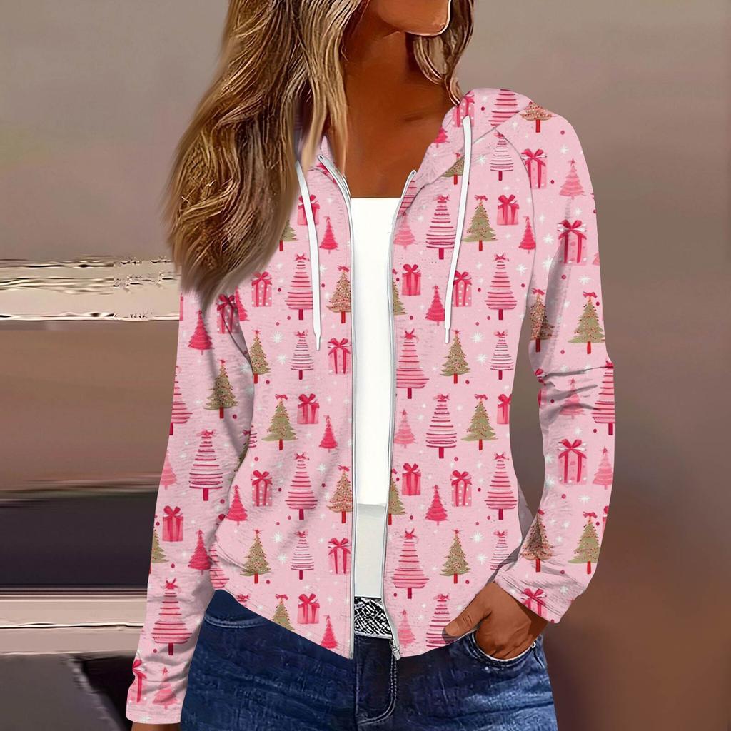 Women's Fashion Christmas Print Casual Zip-Up Long-Sleeved Hooded Jacket