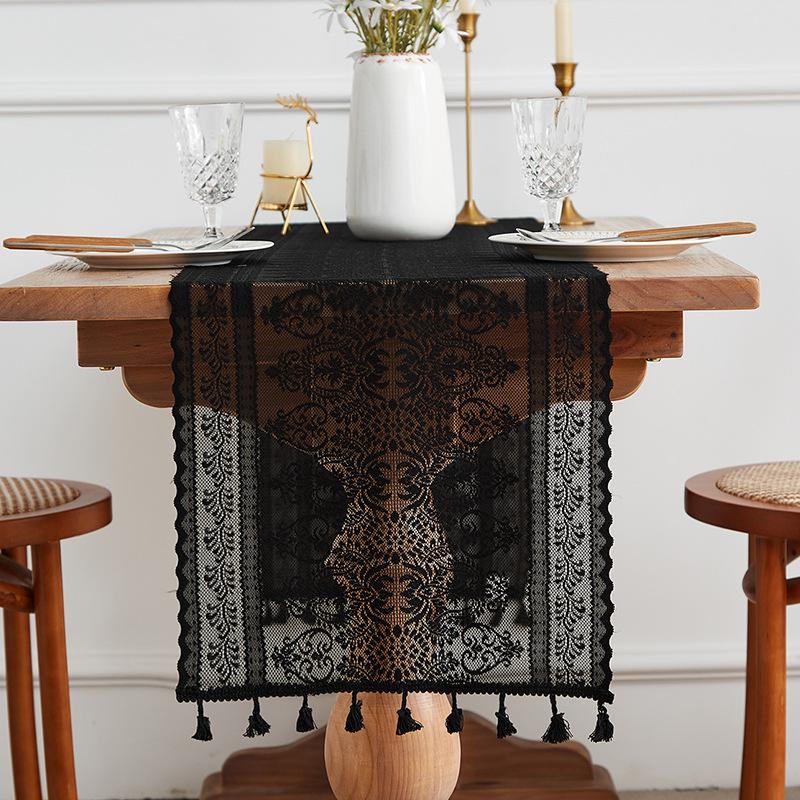 Elegant Nordic White Lace Table Runner with Crochet Tassels - Perfect for Dining or Coffee Tables, Ideal for Christmas Decor.