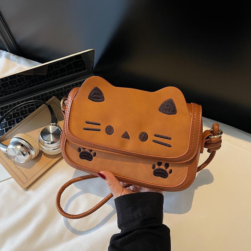 Korean Style Cartoon Kitten Crossbody Bag - Cute Retro Matte Shoulder Bag for Girls and Students