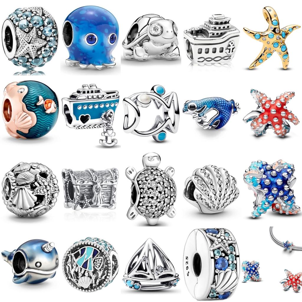 925 Silver Ocean Series Charm Pendant with Ship Starfish Octopus for DIY Jewelry Bracelet Accessories