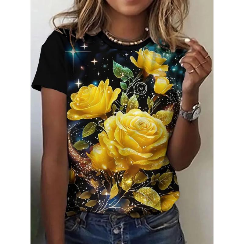 Fashion Women's Crew Neck T-Shirt 3D Flower Color Printing Crew Neck Short Sleeve