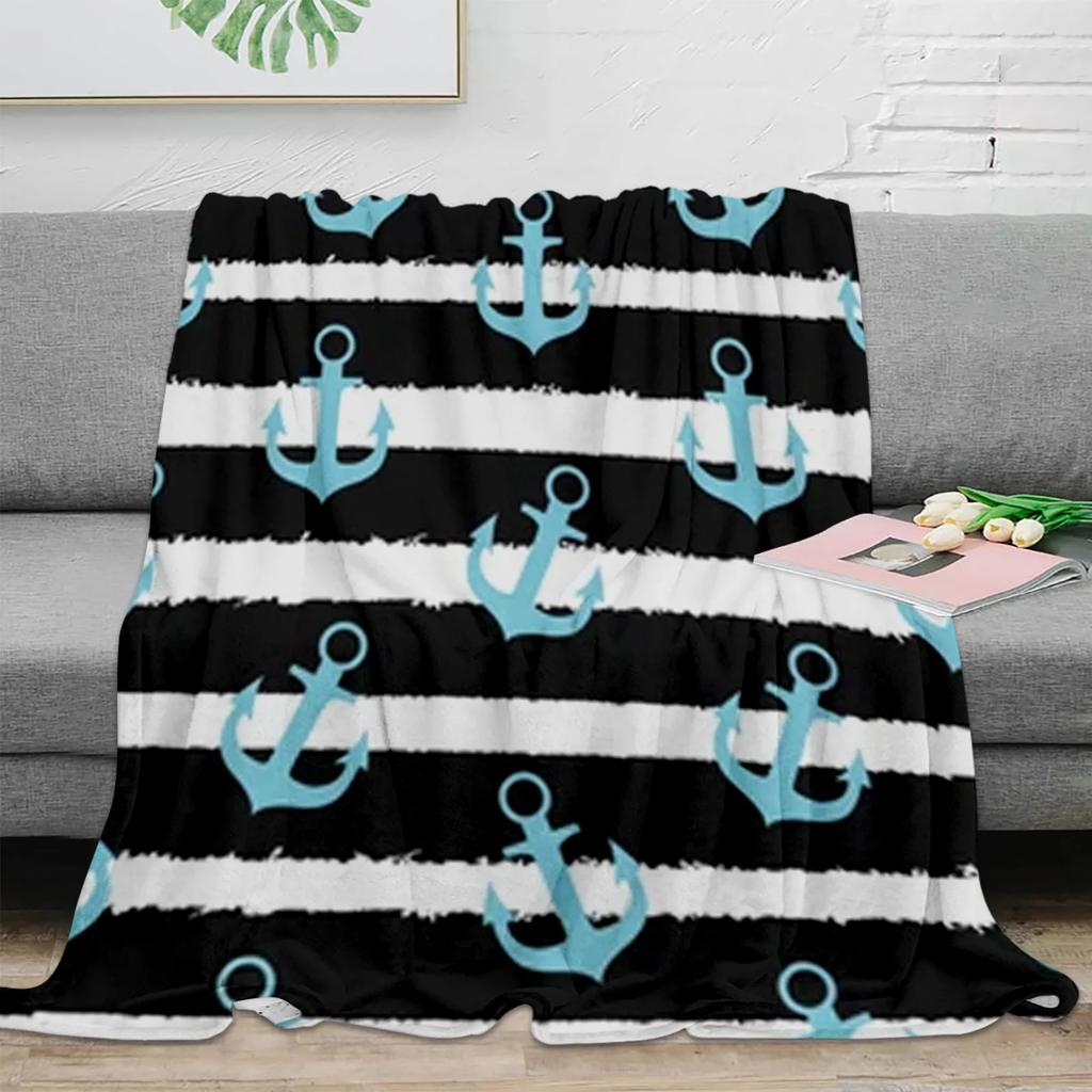 Nautical Blue Anchor Rudder Boat Fish Lighthouse Flannel Blanket Travel Picnic Blanket Portable Soft Bedspread Blankets for Beds