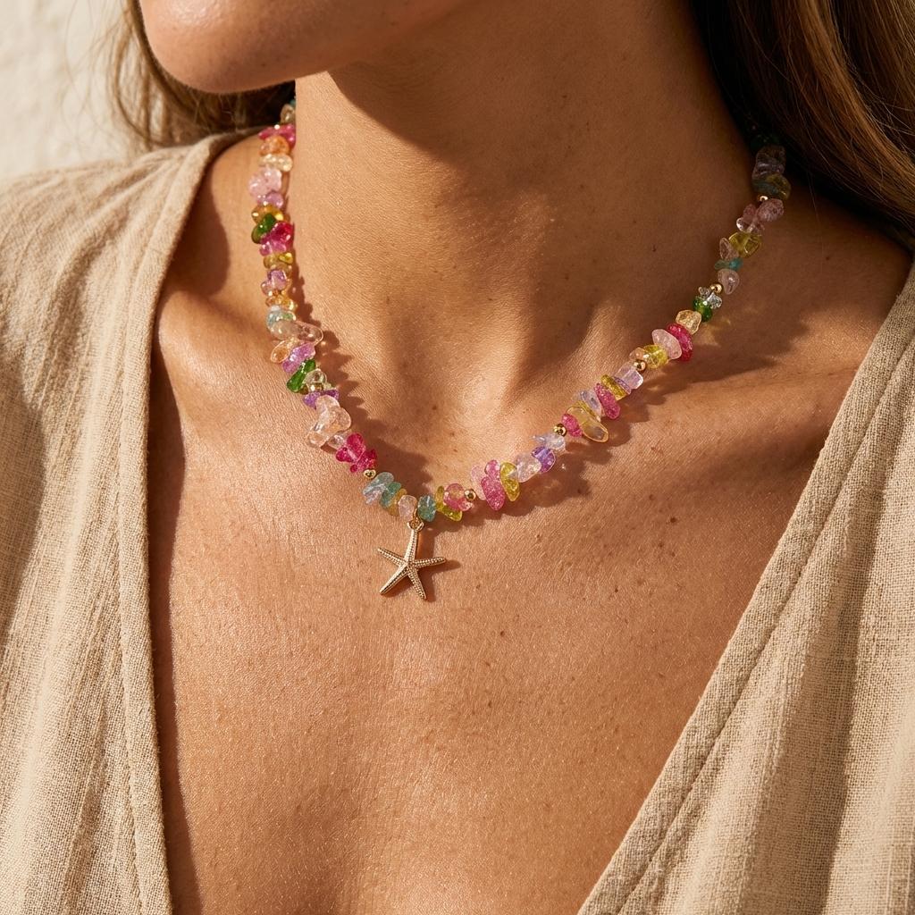 Bohemian Colorful Natural Crushed Stone Choker for Women Creative Crystal Beaded Starfish Pendant Necklace Beach Jewelry Gift