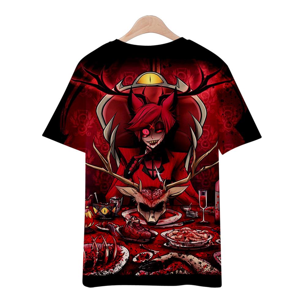Hazbin Hotel Anime Damen Herren T-Shirts Grafikshirt Cartoon bedruckt O-Ausschnitt Übergroße kurze Ärmel Mode Herrenbekleidung Streetwear
