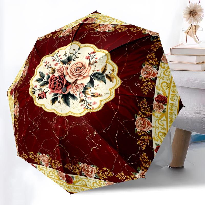 1pc Roses Garden Combination Pattern Sturdy 8-Bone Auto Umbrella, Bright Umbrella, Digital Printed, Foldable Umbrella for On-the-Go Outdoor Use