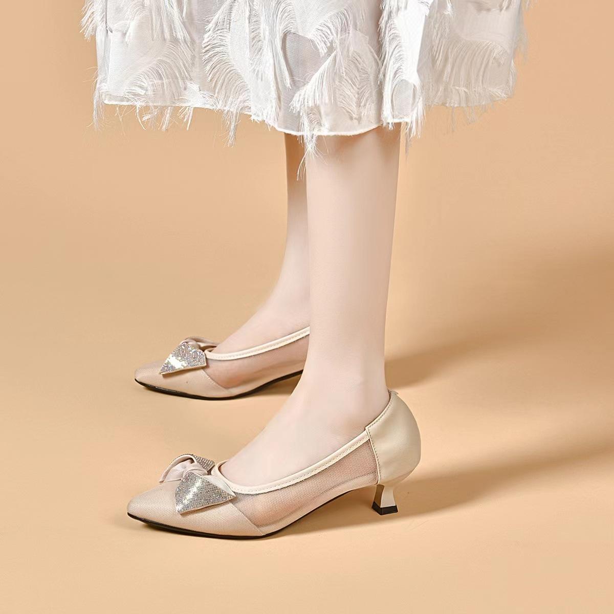 

Pointed mesh high heels women s spring and summer bow rhinestone thin heel fashion shoes two kinds of high shallow single shoes 40