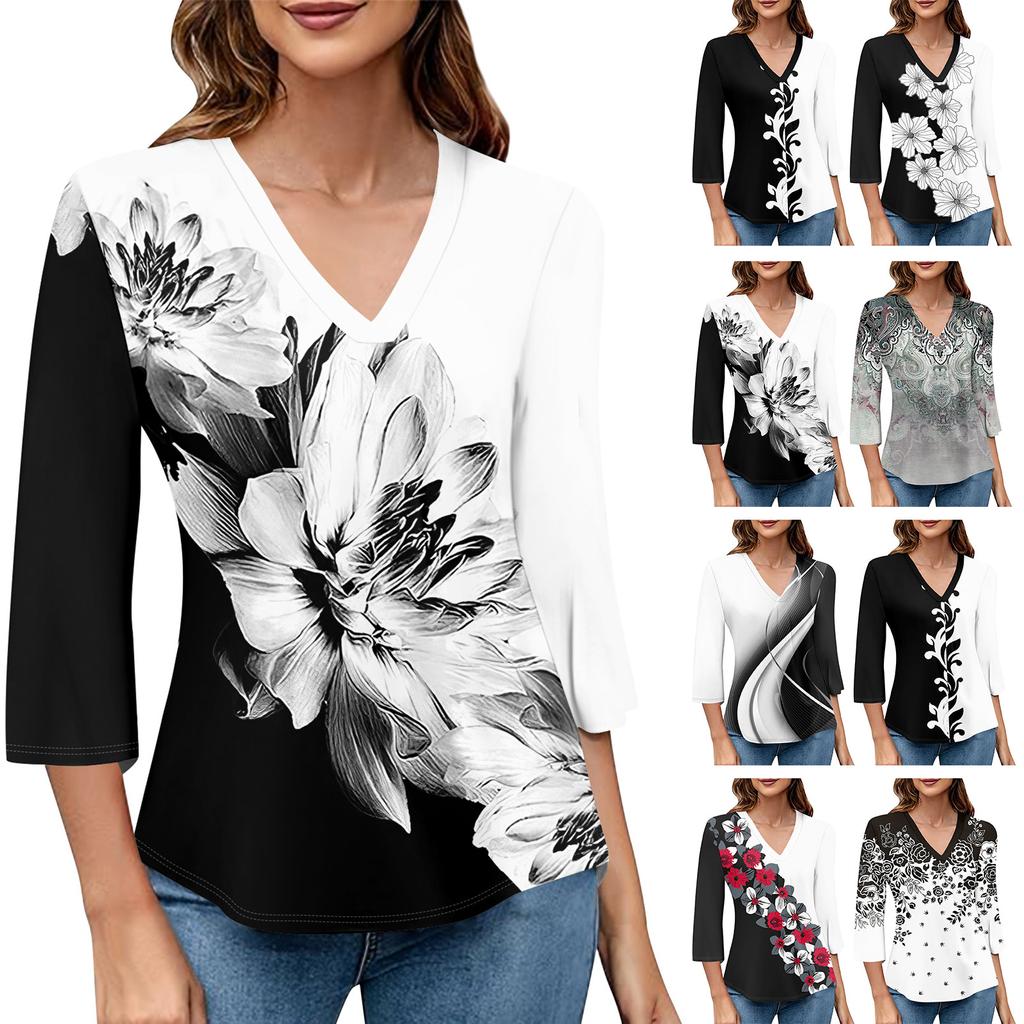 Women's V-neck Gradient Print Three-quarter Sleeve Fashion Top
