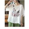 Womens Floral Print Linen Blend Loose Fit Short Sleeve Blouse
