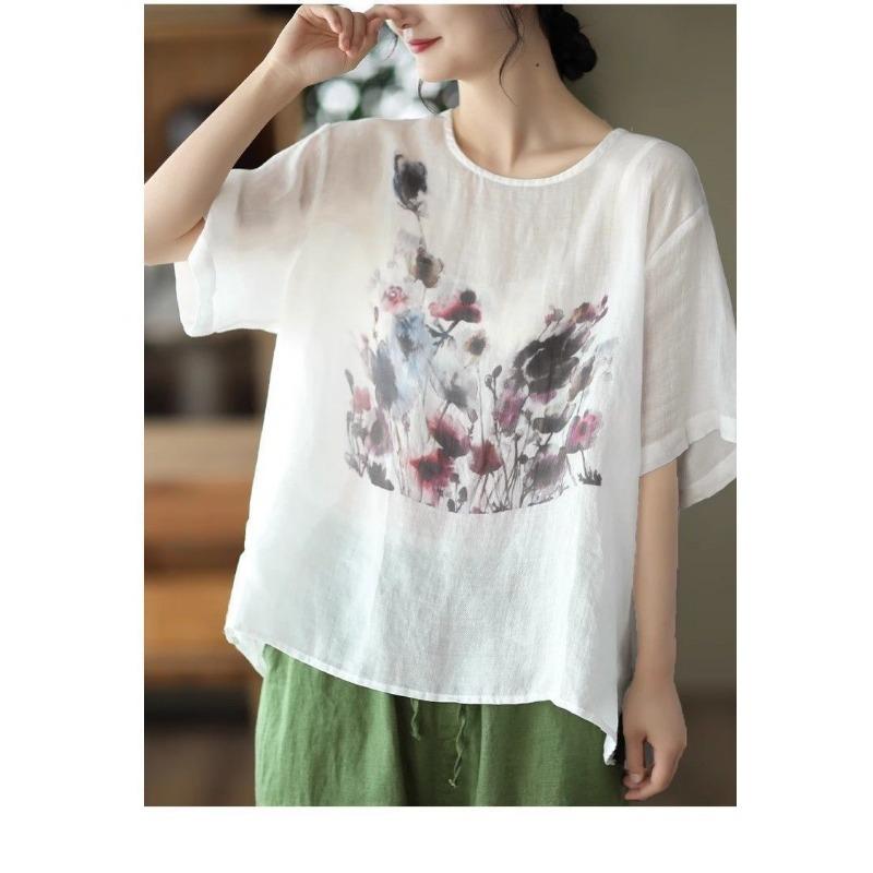 Womens Floral Print Linen Blend Loose Fit Short Sleeve Blouse