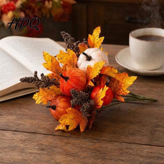 Rustic Autumn Floral Display Artificial Fall Bouquet with Fabric Pumpkins Maple Leaves Wheat Berries Pumpkin Decoration Home Decor for Thanksgiving
