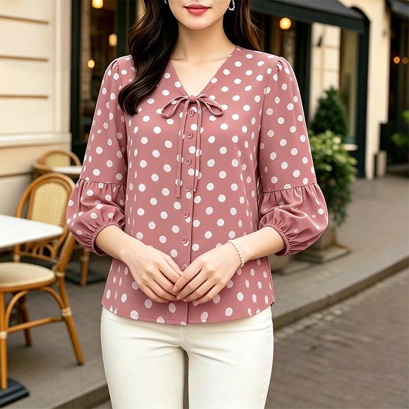 

ZANZEA Women Casual V-Neck 3/4 Sleeve Loose Polka Dot Print Blouse 5XL камея рожевий колір