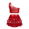 Girls Dance Performance Outfit Shiny Sequins Tiered Ruffles Sleeveless Metallic One Shoulder Vest with Skirted Shorts