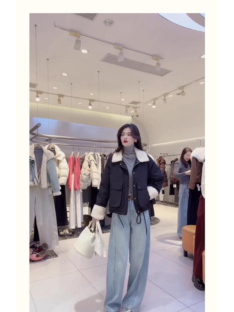 Women's 2024 Korean Style Lambswool Parka Jacket - Loose, Casual, Thickened Winter Coat with Turn-Down Collar