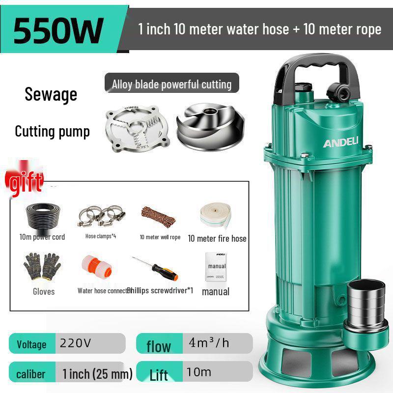 Submersible Sewage & Sludge Cutter Pump for Toilets & Cesspools - Ideal for Household & Agricultural Drainage and Irrigation