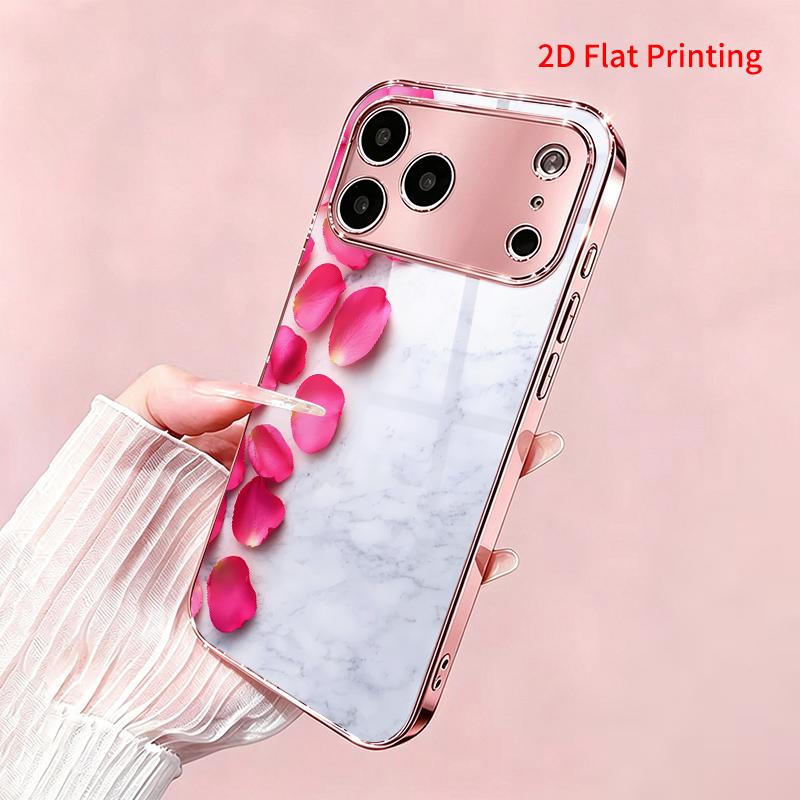 2DFlat electroplated tempered glass phone case,Pink Rose Petals on Marble,suitable for iPhone 18 Pro Max 17 16 15 14 13 12 11