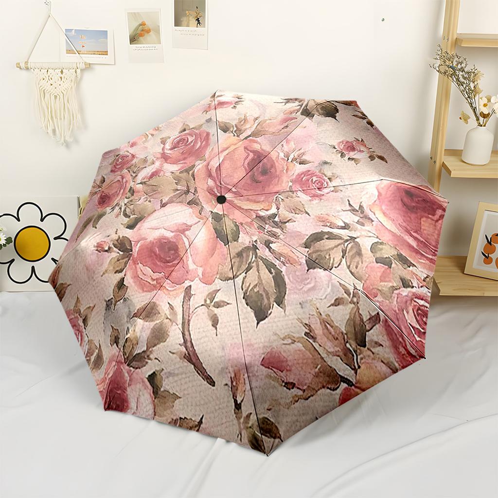 Rabbit And Floral Garden Illustration Portable Automatic Umbrella With 8 Rib Durable Plastic Iron For Outdoor Daily Use Stylish Accessory Birthday