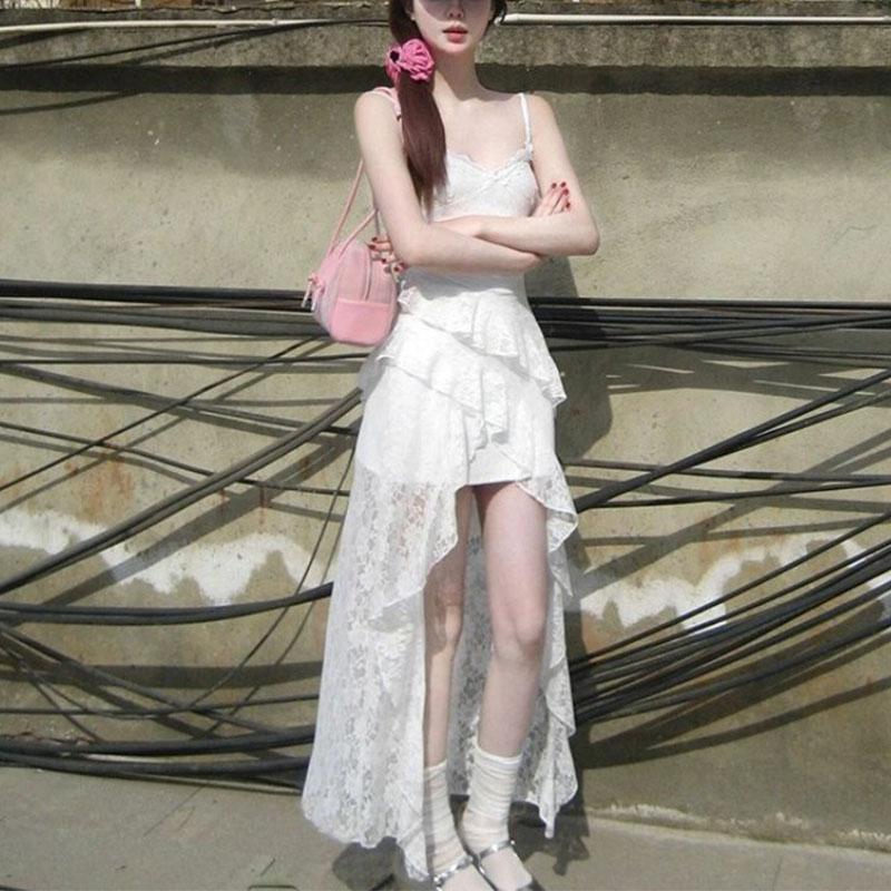 White Lace Suspender Dress Fairy Summer Seaside Vacation Irregular Long Dress