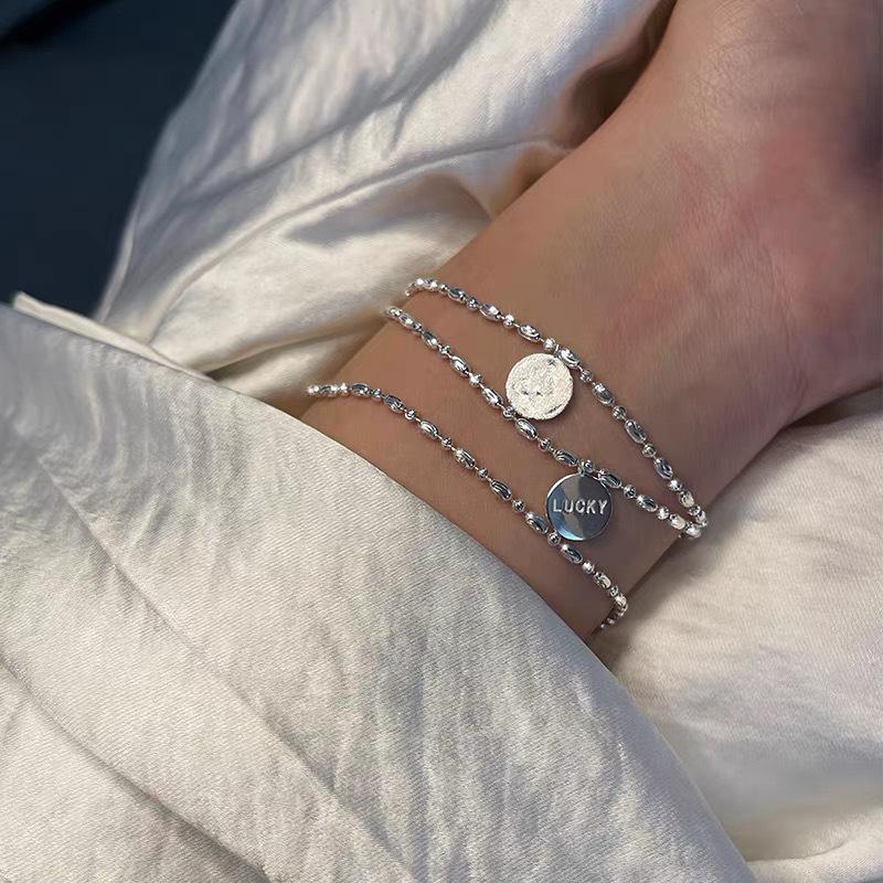 Sterling Silver Lucky Sparkling Sand Round Tag Bracelet, Italian Carved Chain Hand Jewelry for Women