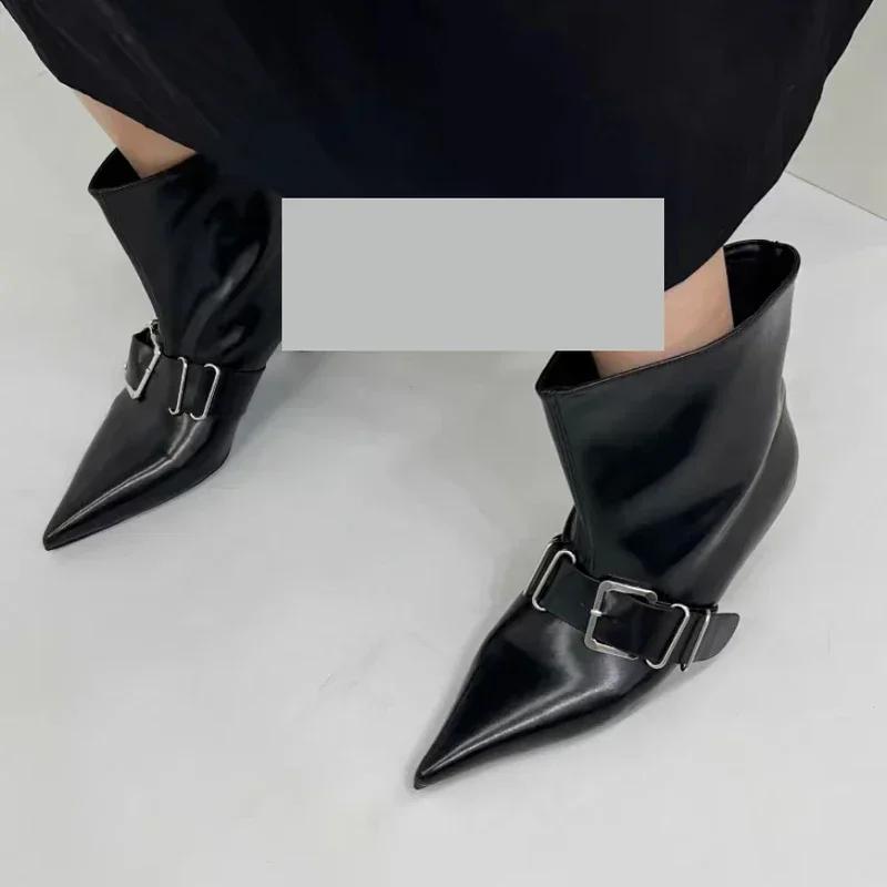 Pointed Toe Metal Buckle Strap Short Boots For Female Women Thin High Heel  New Leather Fabric Elegant Sexy Winter Shoes