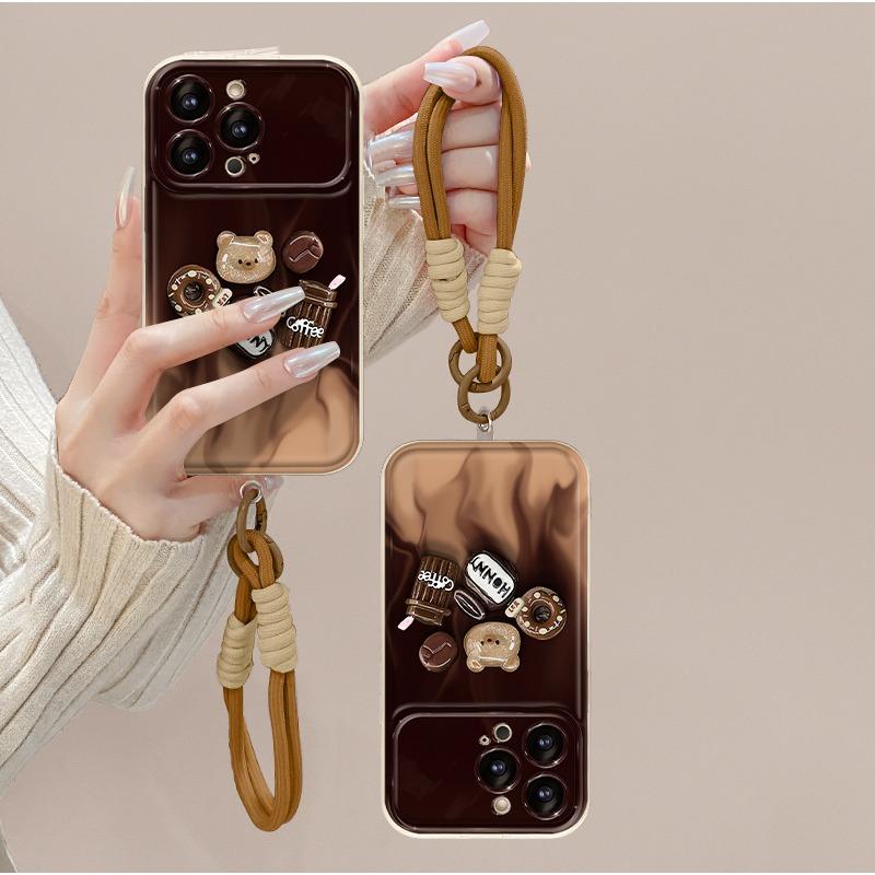 Schmudge Kaffee Puppe Lanyard Geeignet für Apple 15PRO Handyhülle 14 Weiches Silikon 13 Klappspiegel X Großes Fenster