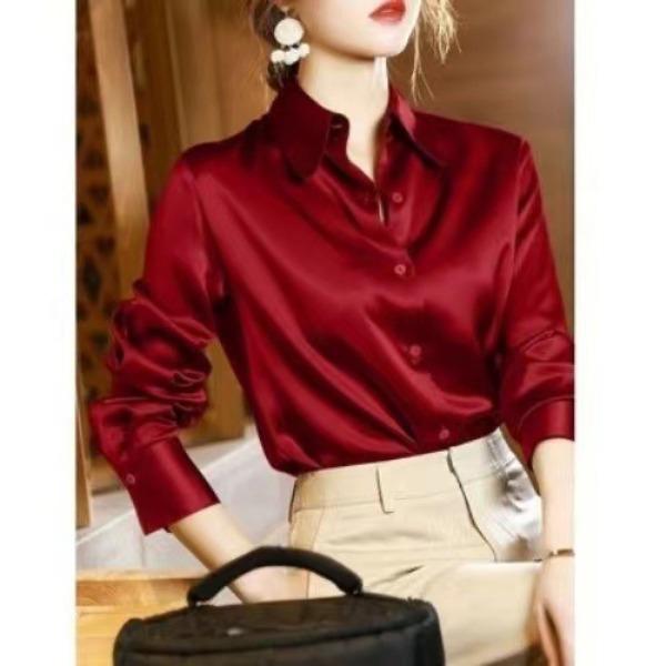Women's Satin Shirt Spring and Autumn Long Sleeved Chiffon Top Solid Color Design Shirt