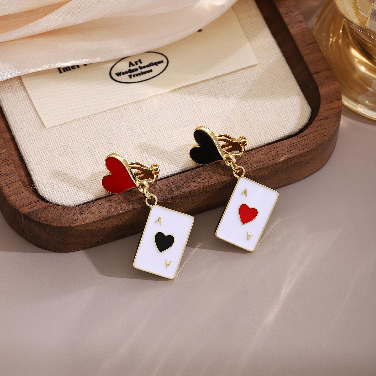 

Oil Drop Heart Spade Playing Card Earrings, Light Luxury Design Sense Asymmetrical Personality Fashion Earrings
