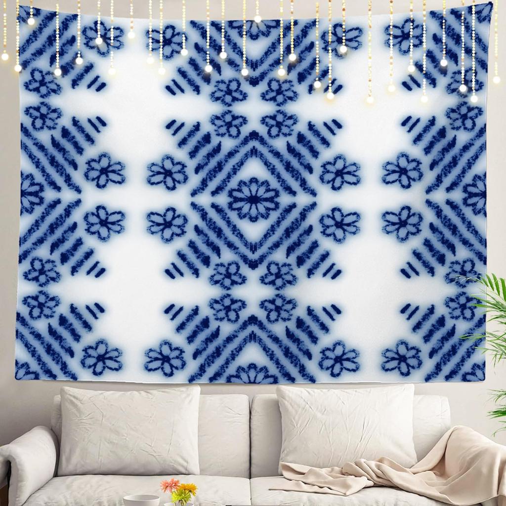 Blue Abstract Stripes Wall Tapestry,Modern Wall Hanging Large Tapestry Decoration Polyester Fiber White Hem Around for Dorm Room