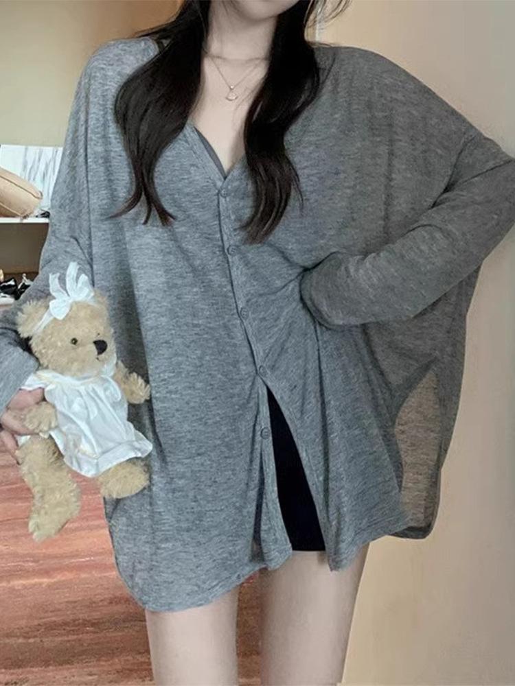 

Slack loose casual knitted cardigan jacket women s autumn new large size thin top sunscreen blouse S серый