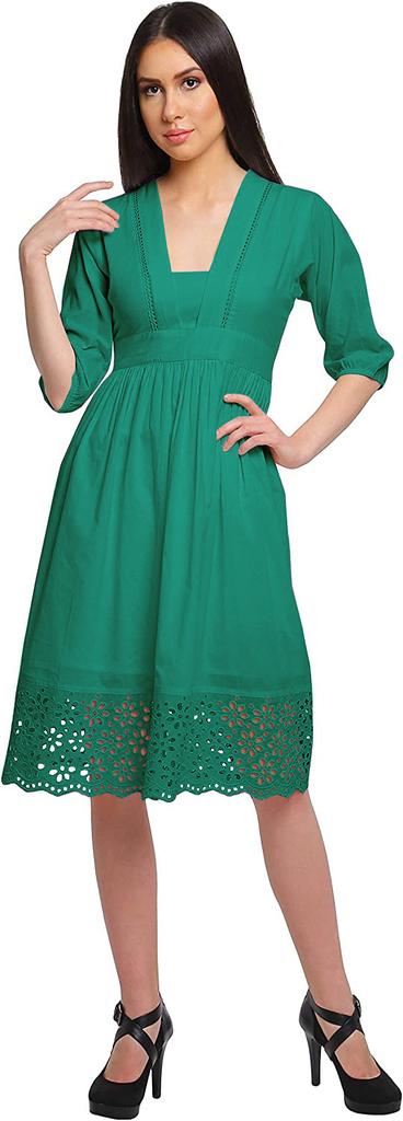 Moomaya Solid Midi Dress For Women Plus Size Lace Details Clothing Summer