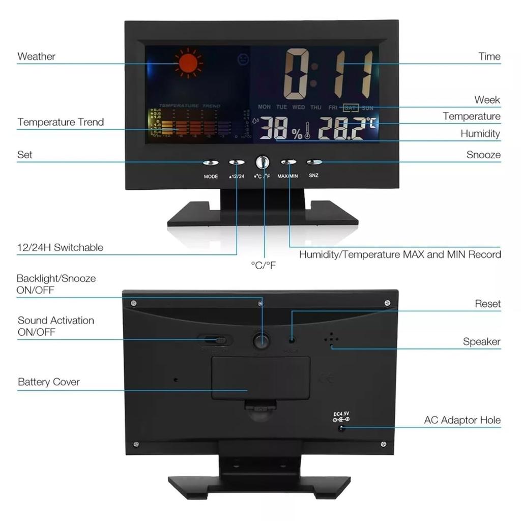 Stazione Meteorologica Wireless Termometro da Interno Temperatura Scrivania Sveglia Digitale Termometro Meteo Monitor Temperatura Umidità LED